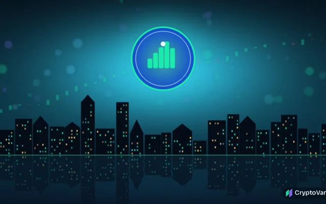 Abstract illustration of a glowing teal coin with rising candlesticks above a stylized night skyline, no logos or people