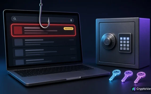 Safe wallet scam illustration: a fishing hook pulls the top sponsored result on a laptop search page, next to a steel safe and three glowing keys
