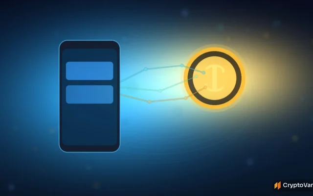 Cinematic 3D smartphone wallet scene with a glowing dollar-pegged coin and soft blue remittance paths across a dark globe grid, no logos or people, CryptoVank style