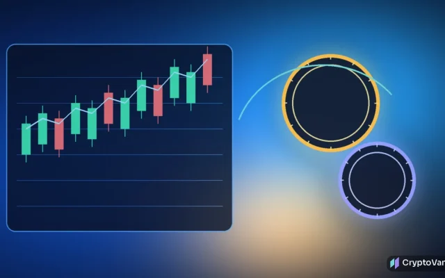 Abstract trading desk screen with two glowing coin rings beside rising stock bars on a dark blue fintech background, no people or brand logos