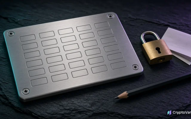 Seed phrase backup illustration: a steel recovery plate with blank word slots next to a brass padlock and a pencil