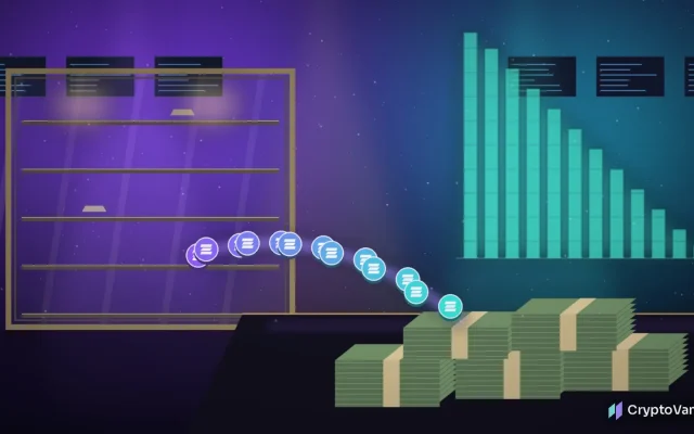 SkyAI Solana treasury sale illustration: generic glowing coins flowing out of an empty glass vault and turning into stacks of dollar bills, with a falling bar chart behind, no logos