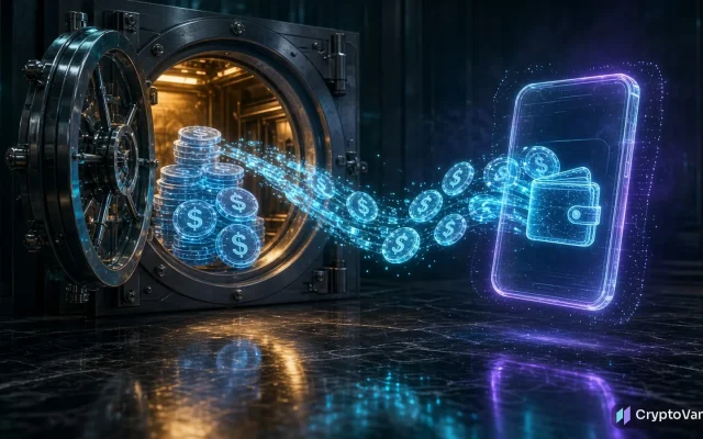 SoFi tokenized deposit illustration: glowing blue dollar tokens stream out of an open bank vault into a holographic smartphone wallet on a dark marble floor