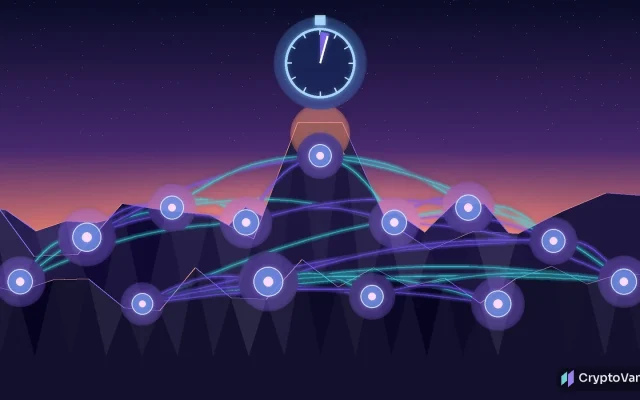 Solana Alpenglow illustration: glowing glass validator nodes linked by purple and teal light streams across a low-poly mountain range at dawn, with a holographic stopwatch floating above the lit summit