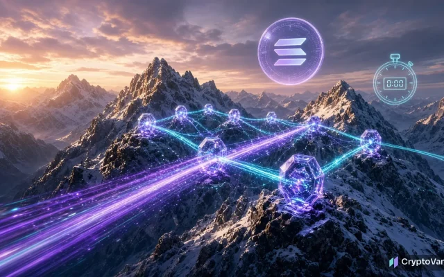 Solana finality illustration: purple and teal light beams racing across glass validator nodes on a snowy mountain ridge at dawn, with a glowing coin and a holographic stopwatch in the sky