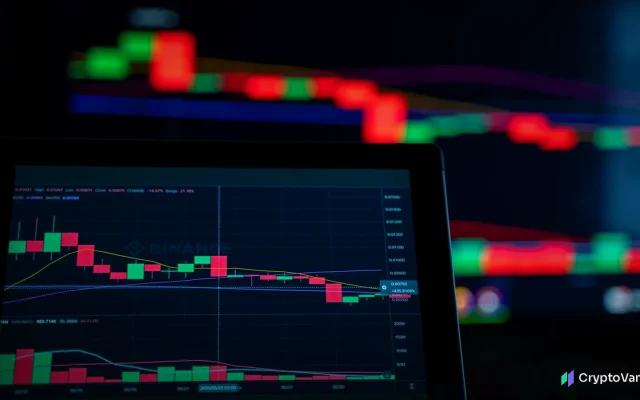 Red and green candlestick price chart glowing on a trading screen