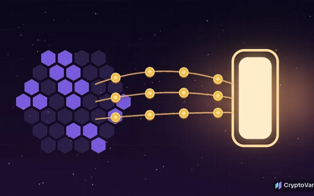 Sophon shutdown illustration: glowing tokens streaming out of a dimming blockchain platform toward a bright exit gate, with no logos