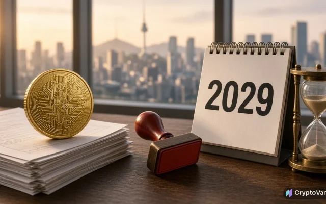 South Korea crypto tax delay illustration: a gold coin on tax forms beside a rubber stamp, a 2029 desk calendar and an hourglass in front of a city skyline at dawn