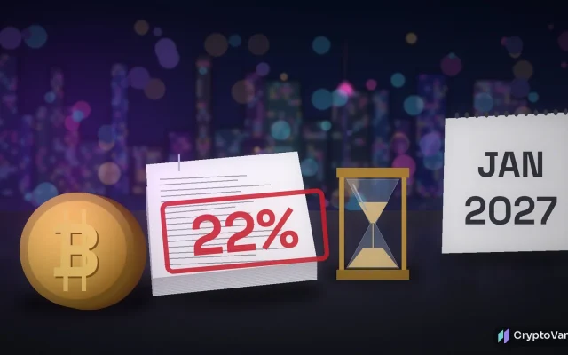South Korea crypto tax illustration: a gold coin beside tax forms stamped 22%, a brass hourglass and a JAN 2027 desk calendar in front of a blurred night city skyline