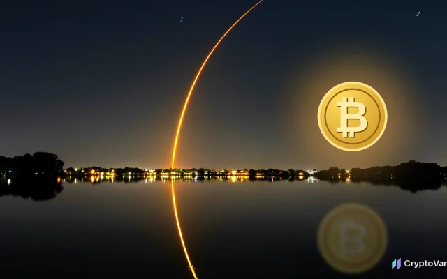 SpaceX Tesla merger and bitcoin: a rocket launch trail arcs over a calm lake at night beside a glowing golden coin with a bitcoin symbol reflected in the water