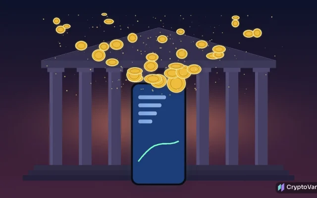 Sparkasse Bitcoin trading illustration: plain golden coins float out of a glowing smartphone in front of a classic columned bank building at dusk
