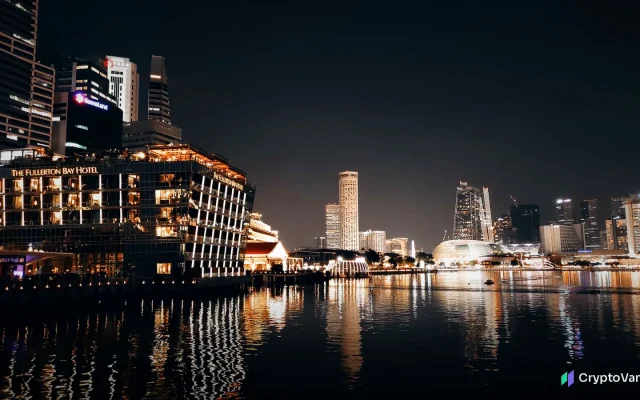 Singapore's Marina Bay skyline at night, where Standard Chartered crypto custody is planned