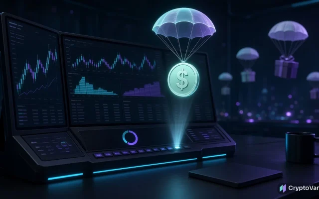 StandX airdrop illustration: a glowing stablecoin parachutes out of a dimming trading terminal as gift boxes drift down