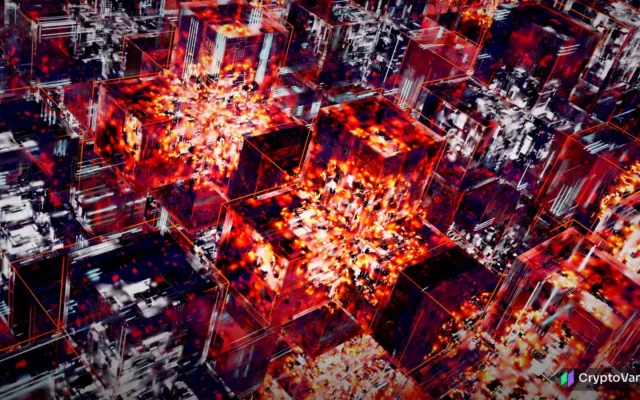 Abstract red and white glowing cubes forming a dense digital network