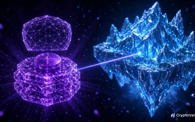 Starknet layer 1 vote illustration: a violet crystal platform with a generic star coin under a lattice shield drifts away from a larger blue crystal continent, linked by a thin beam of light