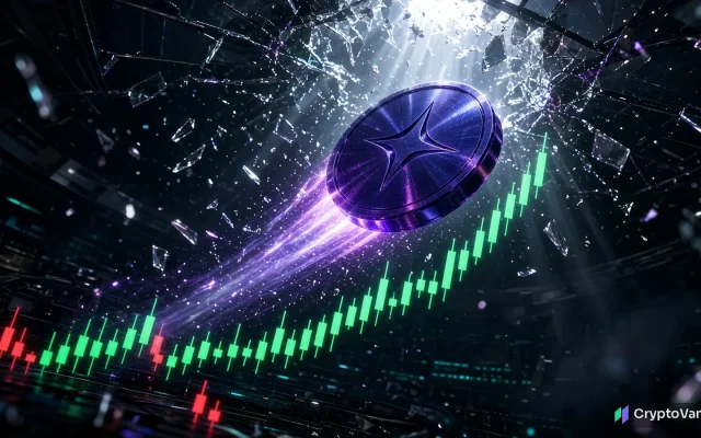 STRK price rally illustration: a violet coin with a star symbol shooting upward through shattered glass above rising green candlestick bars