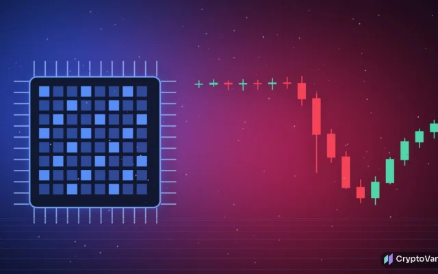 Stock perps flash crash illustration: a glowing memory chip on a dark grid beside a candlestick chart that plunges sharply and then rebounds, abstract art with no people or brand logos