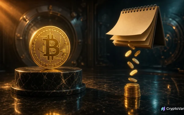 Strategy daily dividends illustration: a golden bitcoin on a marble pedestal in a vault as coins fall from a flipping calendar onto a growing stack