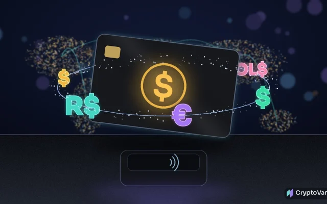 Stripe stablecoin cards concept: a dark payment card with a glowing generic coin symbol above a contactless terminal, ringed by dollar, euro, real and peso signs, no logos or people