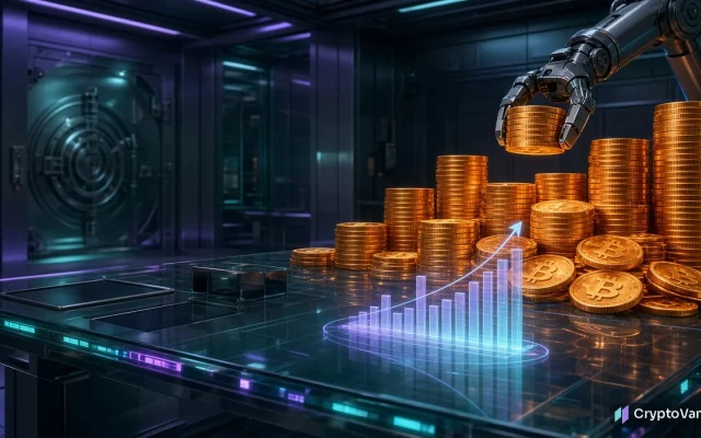 Strive bitcoin purchase illustration: robotic arm stacking glowing orange coins in a treasury vault beside a holographic rising bar chart