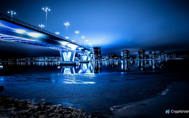 A bridge lit in blue over dark water at night, with city lights in the distance