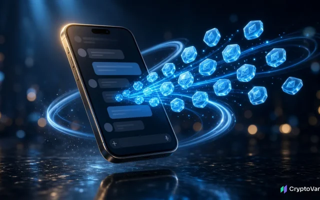 Telegram Money wallet illustration: a smartphone with a chat screen sending a stream of glowing blue crypto coins into the air