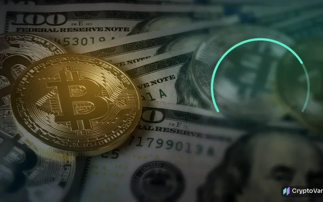Tether excess reserves illustration: gold bitcoin coins on U.S. dollar bills under teal light with a glowing reserve gauge