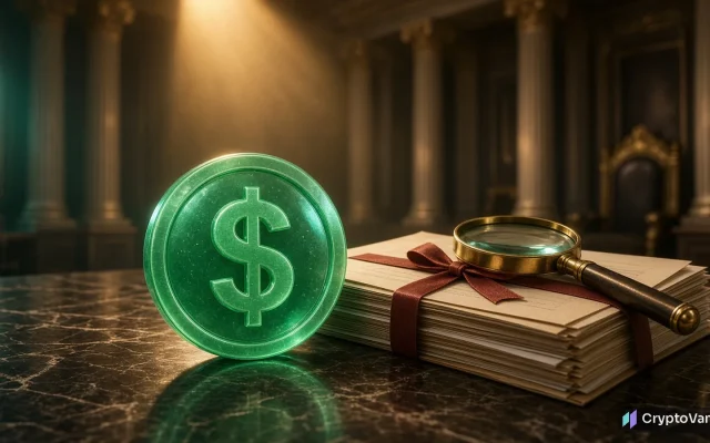 Tether probe illustration: a glowing green stablecoin with a dollar sign beside tied document folders and a magnifying glass in a dim Senate hearing room