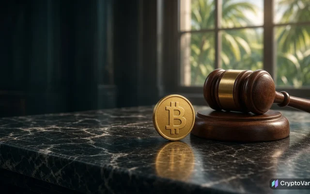 Thailand Bitcoin property ruling illustration: a gold coin beside a judge's gavel on a marble courtroom bench