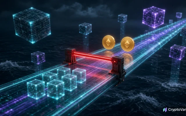 THORChain pause concept: a glowing cross-chain bridge over a dark sea with a red emergency barrier lowered across it and two identical gold coins hovering beside the gate, a nod to the duplicate 10 ETH refund