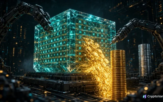 Titan Builder revenue concept: cinematic 3D crystal block filled with glowing transaction tiles, gold coins pouring out onto a tall stack beside a smaller silver stack