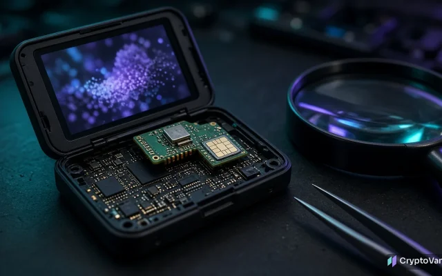 Trezor Safe 5 implant illustration: an opened unbranded hardware wallet with a hidden extra circuit board and SIM chip next to a magnifying glass