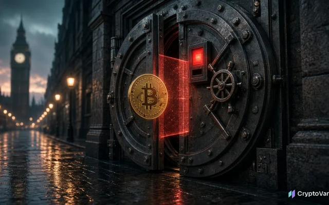 Crypto transfer limits illustration: a golden bitcoin coin stopped by a red light barrier at a half-closed steel bank vault door on a rainy London street