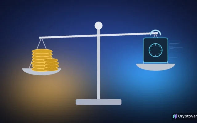 Abstract illustration of balanced justice scales holding a stack of gold coins and a locked digital vault on a dark navy background, no logos or people