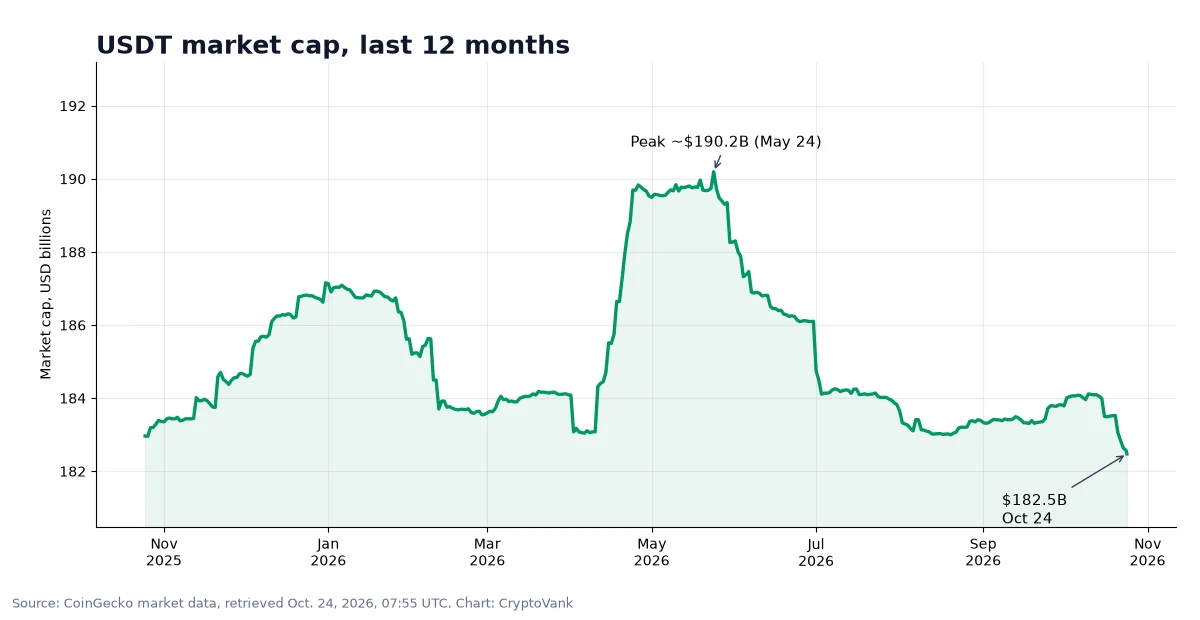 USDT market cap chart for the last 12 months from CoinGecko, showing a range between about $183 billion and $190 billion, at $182.5 billion on Oct. 24, 2026