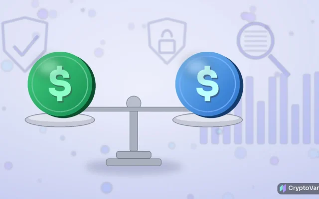 USDT vs USDC illustration: a green and a blue generic dollar coin balanced on a silver scale, with faint shield, padlock and magnifying-glass icons and soft bar charts on a white and indigo background, no logos