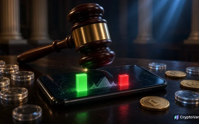 Kalshi criminal charges illustration: a judge's gavel striking a smartphone showing a yes and no prediction market, with betting chips and coins