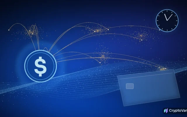 Visa Direct USDC concept art: a glowing generic dollar coin streams light across a night network of city nodes toward a blank glass payment card, with a clock for 24/7 funding