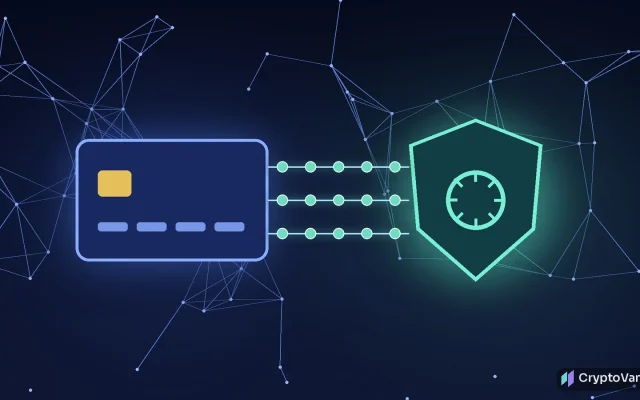Visa Fireblocks deal illustration: a generic payment card linked by glowing rails of coins to a shielded digital vault on a dark network grid, no people or logos