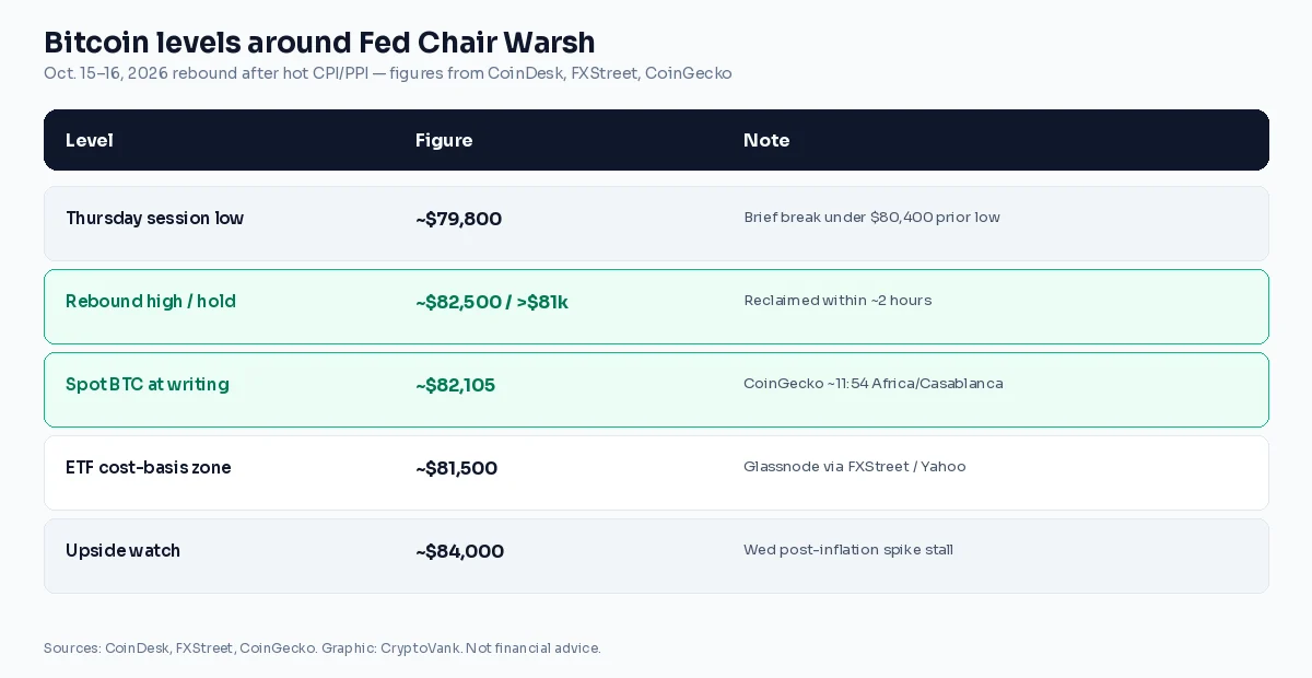 Chart of Bitcoin levels around Fed Chair Warsh: dip near $79,800, rebound to about $82,500, ETF cost basis near $81,500, and $84,000 watch