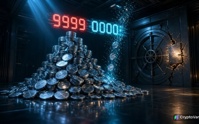 XRP Ledger bug illustration: a glowing counter wrapping from 9999 to 0000 above a pile of silver coins, with new coins appearing from light beside a patched vault door
