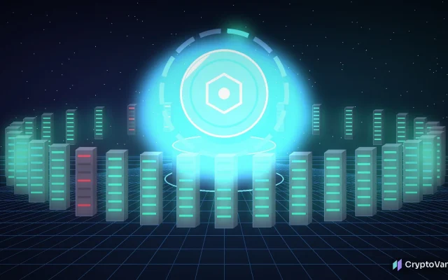 XRP Ledger bug fix illustration: a ring of glowing validator servers, most lit green and a few red, around a generic coin under a restarted 14-segment countdown ring