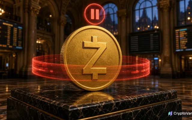CoinShares Zcash ETP illustration: a gold coin with a Z symbol on a marble pedestal, ringed by a red holographic pause barrier inside a European stock exchange hall