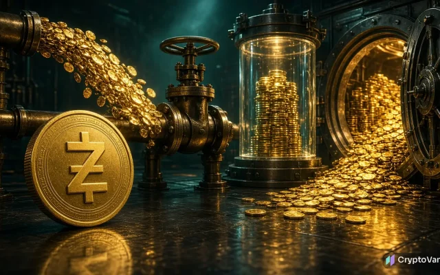 Zcash grants funding illustration: a gold Z coin beside a valve that diverts a stream of coins away from an open vault and into a sealed glass reserve