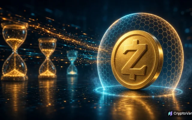 Zcash NU7 illustration: a gold coin with a stylized Z inside a glowing hexagonal shield, beside three shrinking hourglasses that stand for faster 25-second blocks